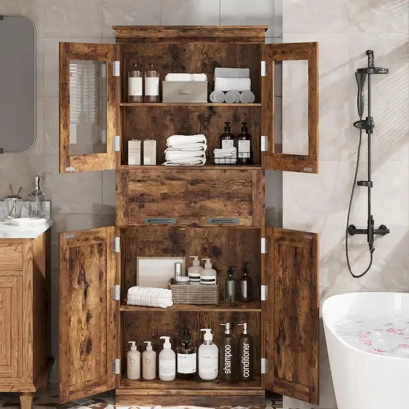 Armoire de salle de bain haute, Meuble de rangement autoportant avec portes vitrées