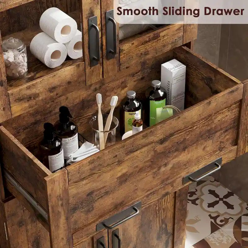 Armoire de salle de bain haute, Meuble de rangement autoportant avec portes vitrées