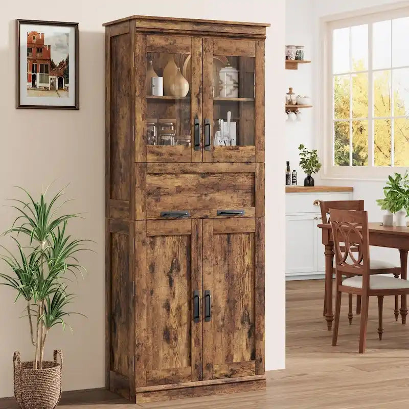 Armoire de salle de bain haute, Meuble de rangement autoportant avec portes vitrées