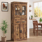 Armoire de salle de bain haute, Meuble de rangement autoportant avec portes vitrées