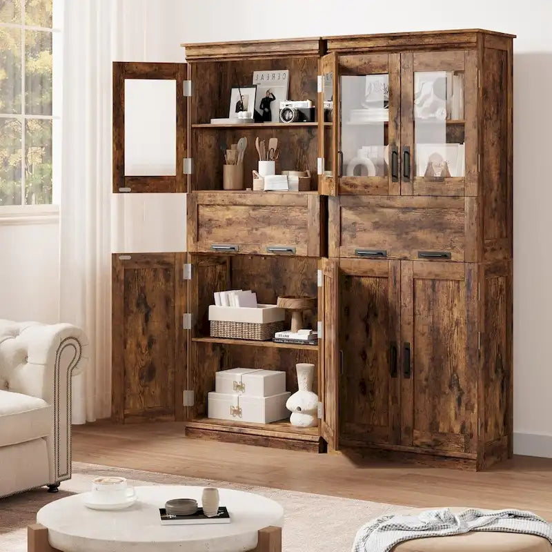 Armoire de salle de bain haute, Meuble de rangement autoportant avec portes vitrées