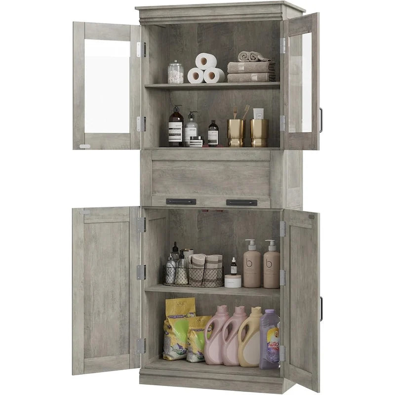 Armoire de salle de bain haute, Meuble de rangement autoportant avec portes vitrées