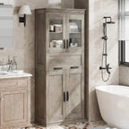Armoire de salle de bain haute, Meuble de rangement autoportant avec portes vitrées