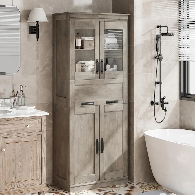 Armoire de salle de bain haute, Meuble de rangement autoportant avec portes vitrées