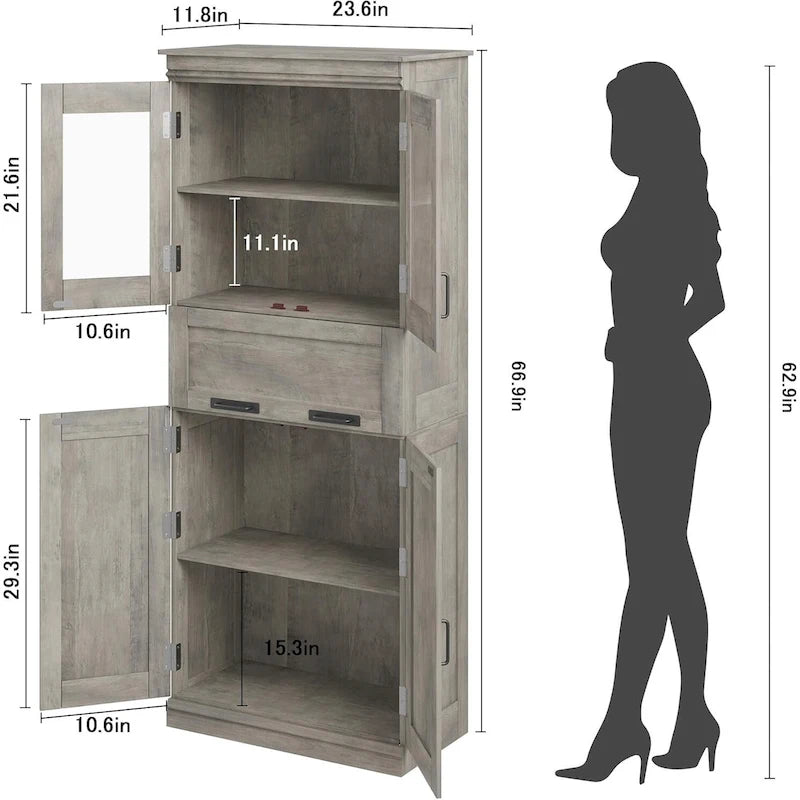 Armoire de salle de bain haute, Meuble de rangement autoportant avec portes vitrées