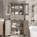 Armoire de salle de bain haute, Meuble de rangement autoportant avec portes vitrées