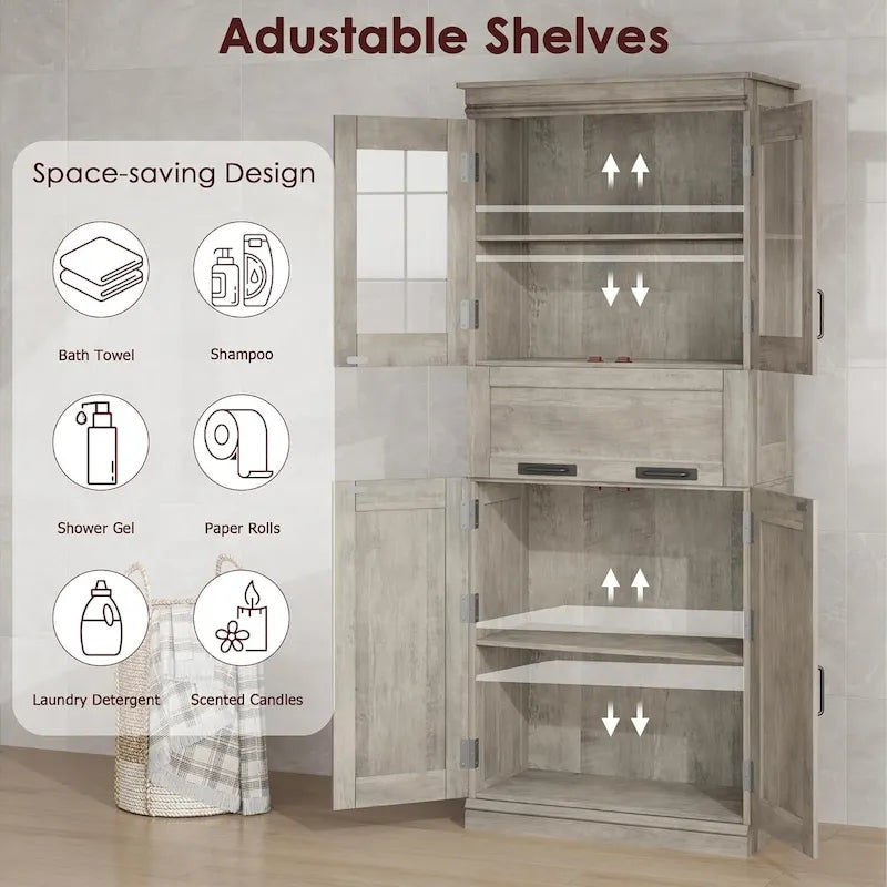 Armoire de salle de bain haute, Meuble de rangement autoportant avec portes vitrées