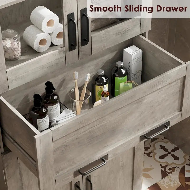 Armoire de salle de bain haute, Meuble de rangement autoportant avec portes vitrées
