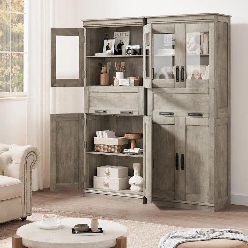 Armoire de salle de bain haute, Meuble de rangement autoportant avec portes vitrées