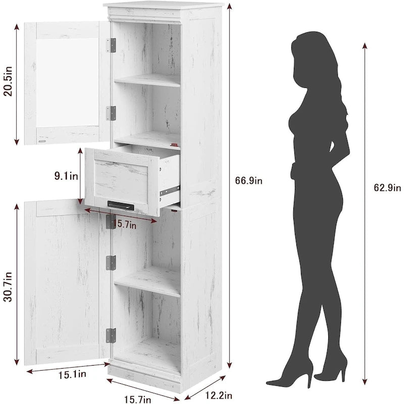 Armoire de salle de bain haute, Meuble de rangement autoportant avec portes vitrées