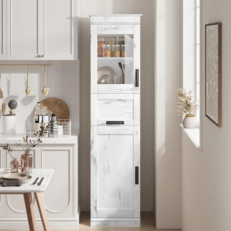 Armoire de salle de bain haute, Meuble de rangement autoportant avec portes vitrées