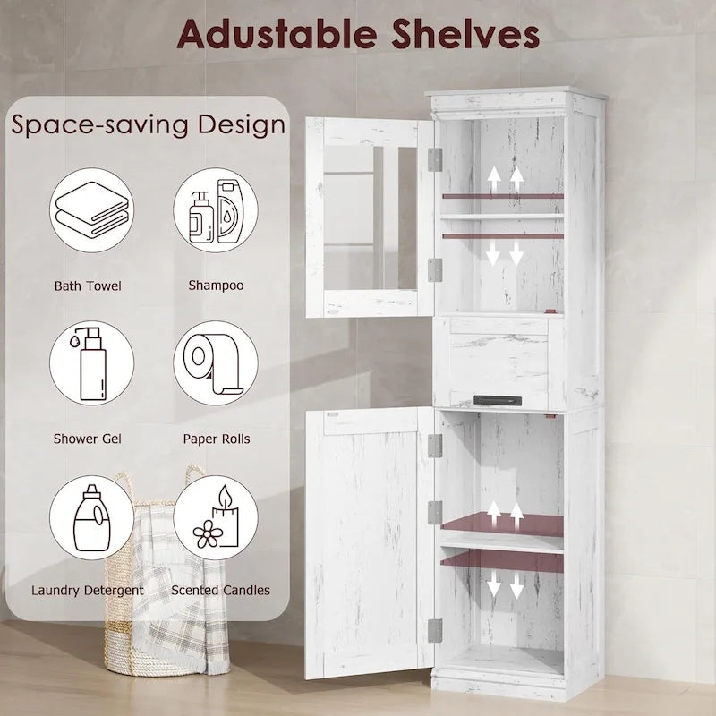 Armoire de salle de bain haute, Meuble de rangement autoportant avec portes vitrées