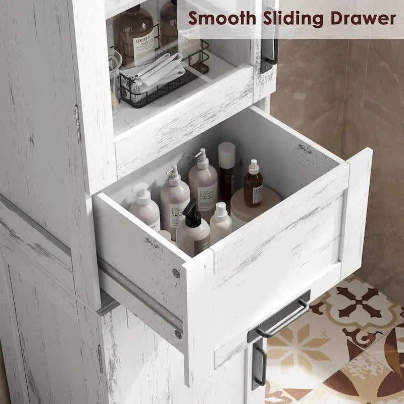 Armoire de salle de bain haute, Meuble de rangement autoportant avec portes vitrées