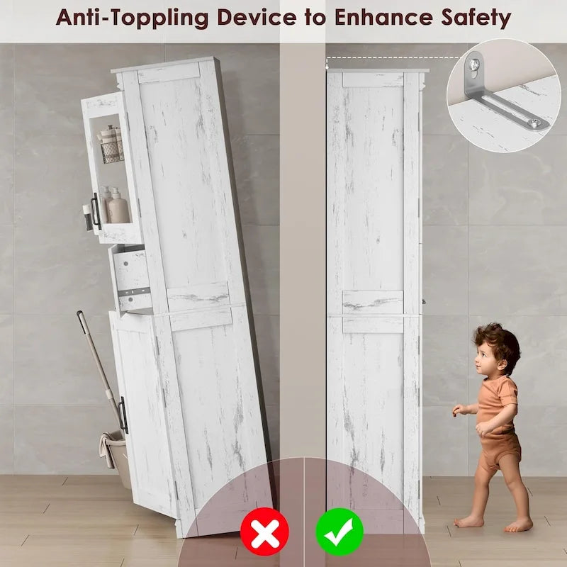 Armoire de salle de bain haute, Meuble de rangement autoportant avec portes vitrées