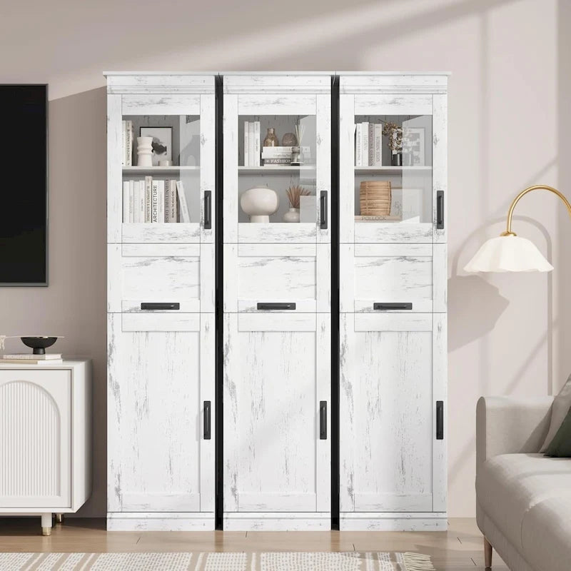Armoire de salle de bain haute, Meuble de rangement autoportant avec portes vitrées