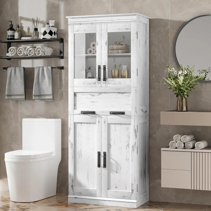 Armoire de salle de bain haute, Meuble de rangement autoportant avec portes vitrées