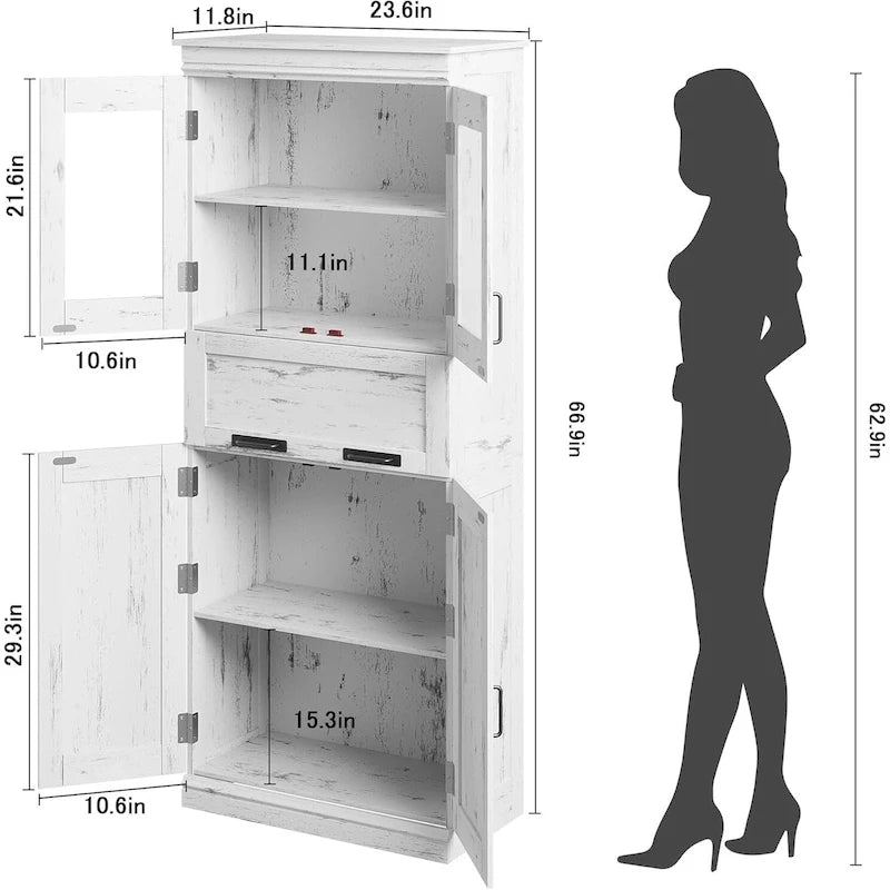 Armoire de salle de bain haute, Meuble de rangement autoportant avec portes vitrées