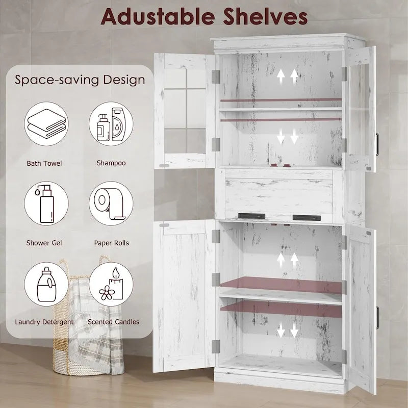 Armoire de salle de bain haute, Meuble de rangement autoportant avec portes vitrées
