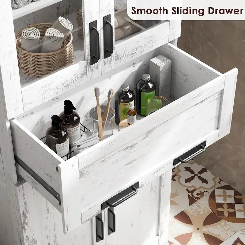 Armoire de salle de bain haute, Meuble de rangement autoportant avec portes vitrées