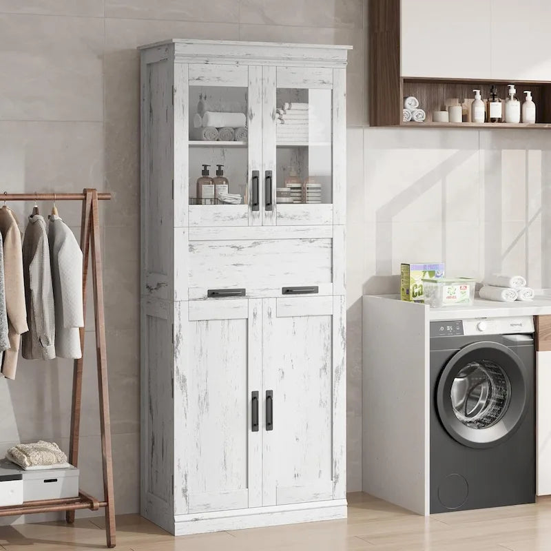 Armoire de salle de bain haute, Meuble de rangement autoportant avec portes vitrées