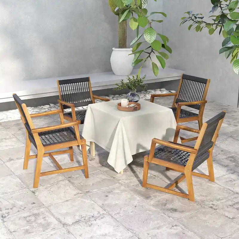 Gymax Sedie da Pranzo da Giardino 4 Pezzi in Legno di Acacia e Corda Intrecciata Resistenti alle Intemperie