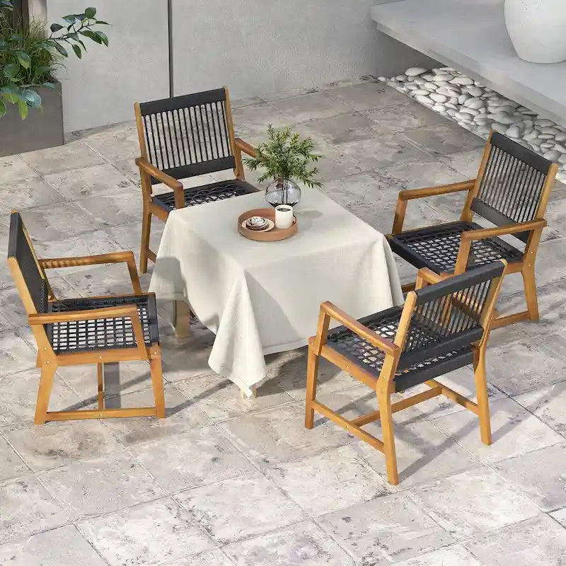 Gymax Sedie da Pranzo da Giardino 4 Pezzi in Legno di Acacia e Corda Intrecciata Resistenti alle Intemperie