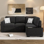 Divano letto estraibile, divano ad angolo a L con borchie, divano lounge con pouf contenitore, porte USB e portabicchieri nero
