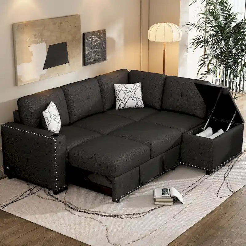 Divano letto estraibile, divano ad angolo a L con borchie, divano lounge con pouf contenitore, porte USB e portabicchieri nero