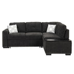Divano letto estraibile, divano ad angolo a L con borchie, divano lounge con pouf contenitore, porte USB e portabicchieri nero