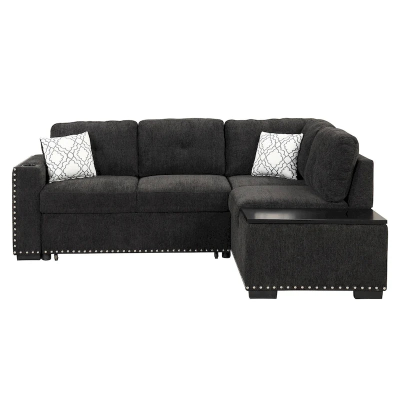 Divano letto estraibile, divano ad angolo a L con borchie, divano lounge con pouf contenitore, porte USB e portabicchieri nero