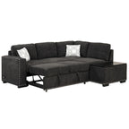 Divano letto estraibile, divano ad angolo a L con borchie, divano lounge con pouf contenitore, porte USB e portabicchieri nero