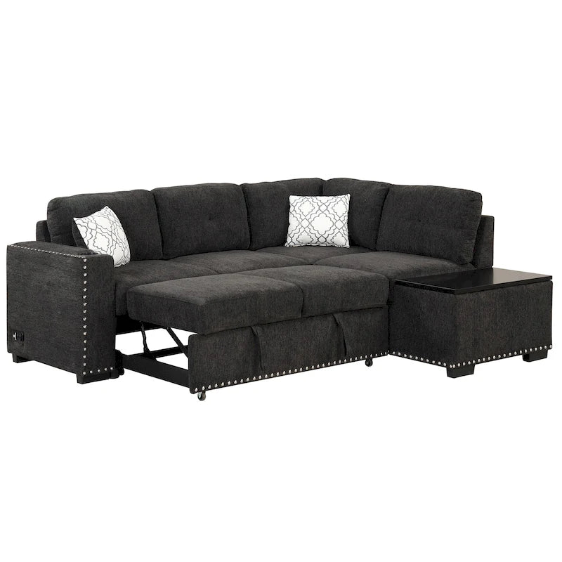 Divano letto estraibile, divano ad angolo a L con borchie, divano lounge con pouf contenitore, porte USB e portabicchieri nero