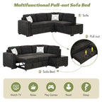 Divano letto estraibile, divano ad angolo a L con borchie, divano lounge con pouf contenitore, porte USB e portabicchieri nero