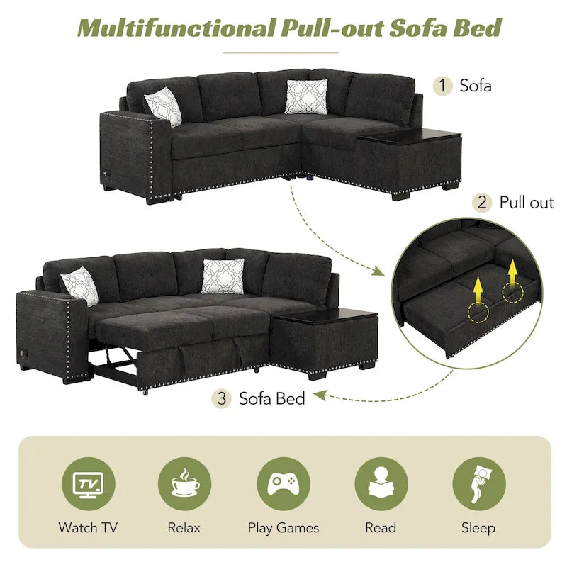 Divano letto estraibile, divano ad angolo a L con borchie, divano lounge con pouf contenitore, porte USB e portabicchieri nero