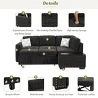 Divano letto estraibile, divano ad angolo a L con borchie, divano lounge con pouf contenitore, porte USB e portabicchieri nero