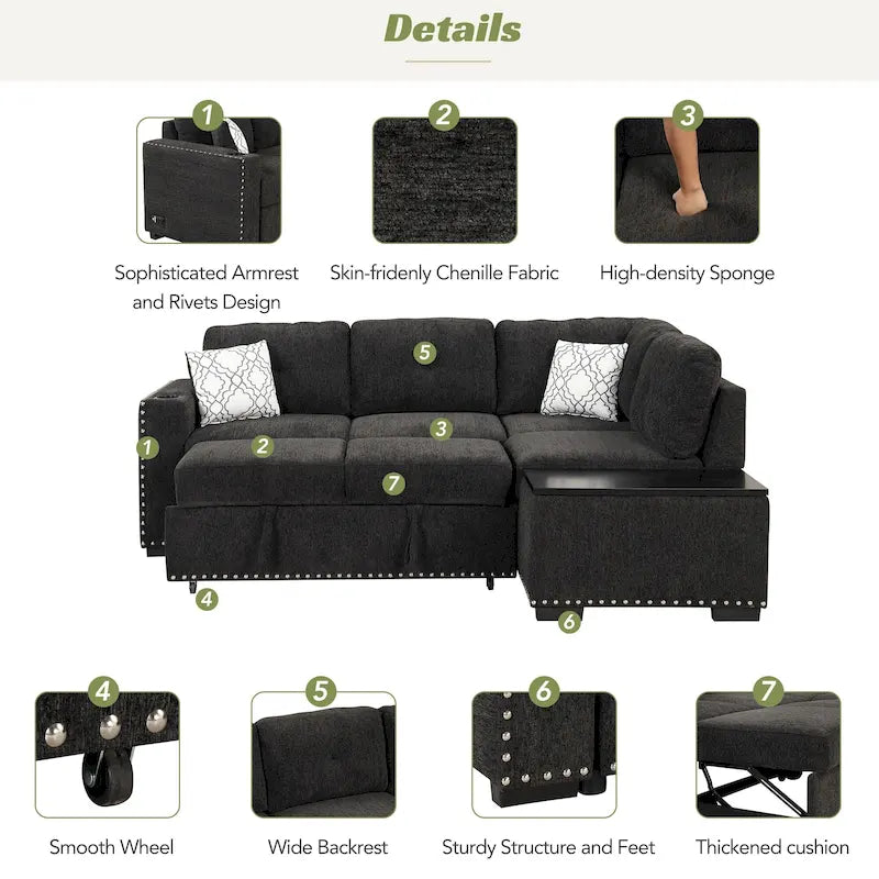 Divano letto estraibile, divano ad angolo a L con borchie, divano lounge con pouf contenitore, porte USB e portabicchieri nero