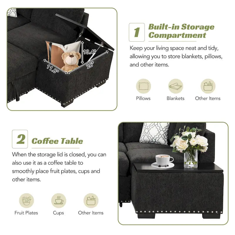 Divano letto estraibile, divano ad angolo a L con borchie, divano lounge con pouf contenitore, porte USB e portabicchieri nero