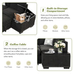 Divano letto estraibile, divano ad angolo a L con borchie, divano lounge con pouf contenitore, porte USB e portabicchieri nero