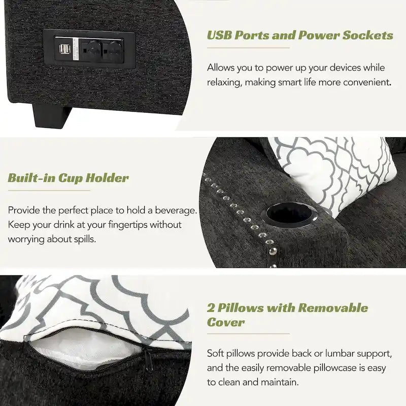Divano letto estraibile, divano ad angolo a L con borchie, divano lounge con pouf contenitore, porte USB e portabicchieri nero