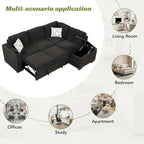 Divano letto estraibile, divano ad angolo a L con borchie, divano lounge con pouf contenitore, porte USB e portabicchieri nero