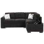 Divano letto estraibile, divano ad angolo a L con borchie, divano lounge con pouf contenitore, porte USB e portabicchieri nero