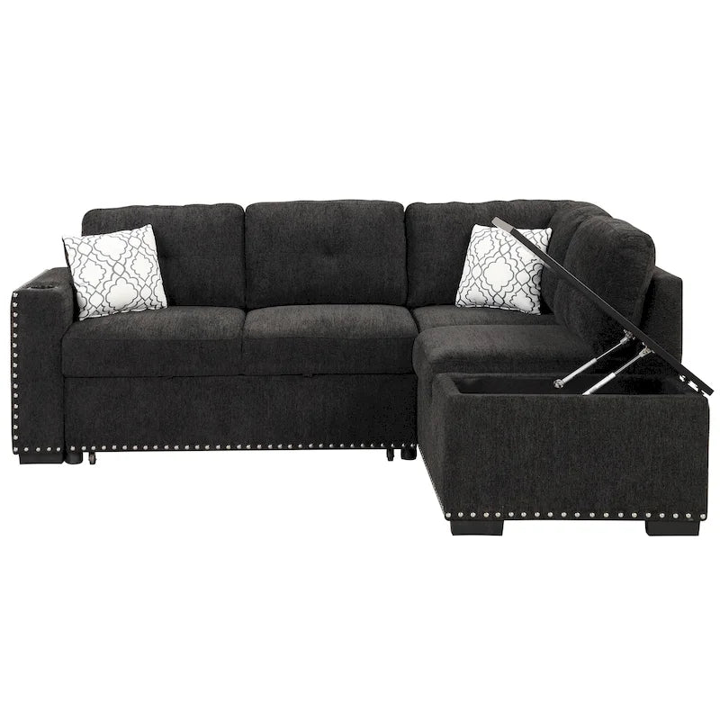 Divano letto estraibile, divano ad angolo a L con borchie, divano lounge con pouf contenitore, porte USB e portabicchieri nero
