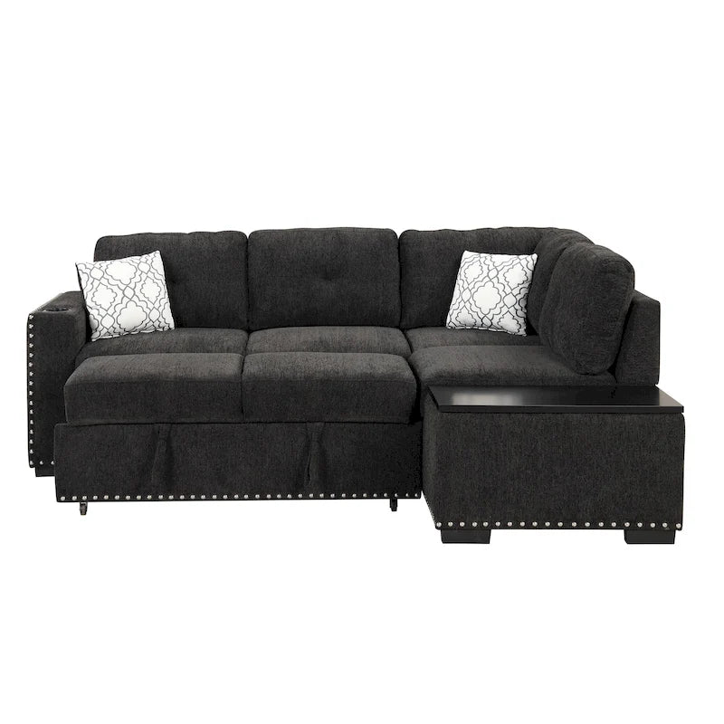 Divano letto estraibile, divano ad angolo a L con borchie, divano lounge con pouf contenitore, porte USB e portabicchieri nero