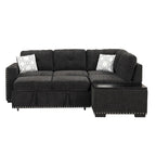 Divano letto estraibile, divano ad angolo a L con borchie, divano lounge con pouf contenitore, porte USB e portabicchieri nero