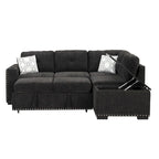 Divano letto estraibile, divano ad angolo a L con borchie, divano lounge con pouf contenitore, porte USB e portabicchieri nero