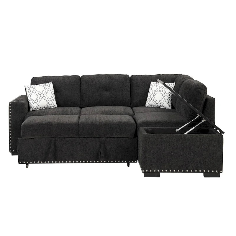Divano letto estraibile, divano ad angolo a L con borchie, divano lounge con pouf contenitore, porte USB e portabicchieri nero