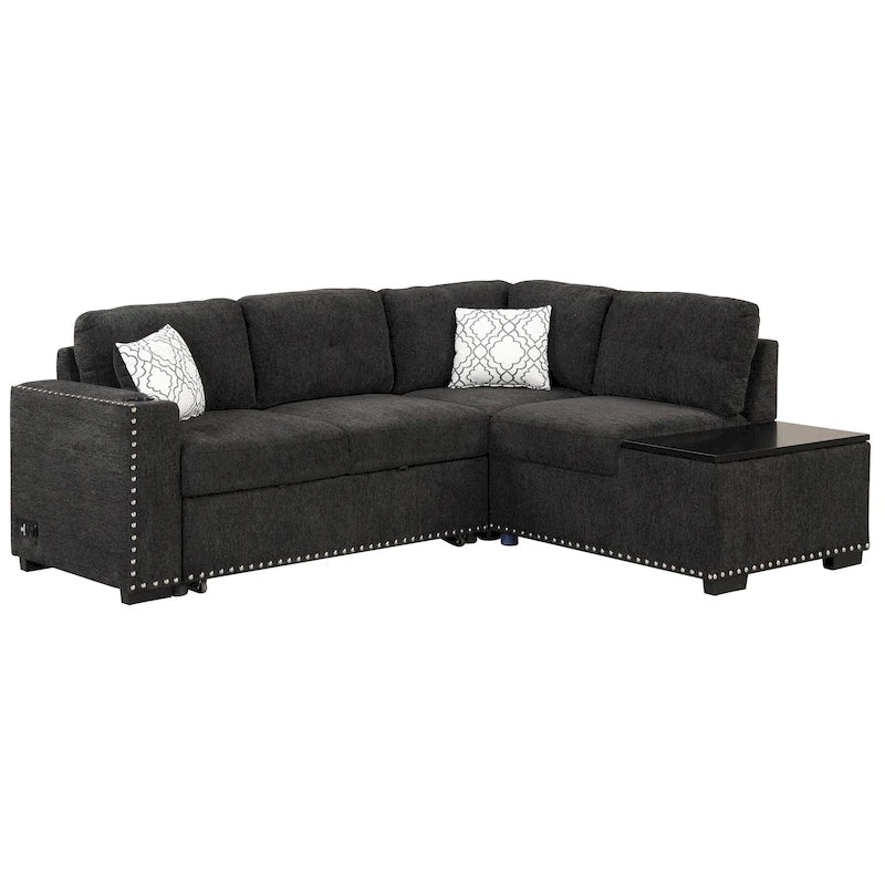 Divano letto estraibile, divano ad angolo a L con borchie, divano lounge con pouf contenitore, porte USB e portabicchieri nero