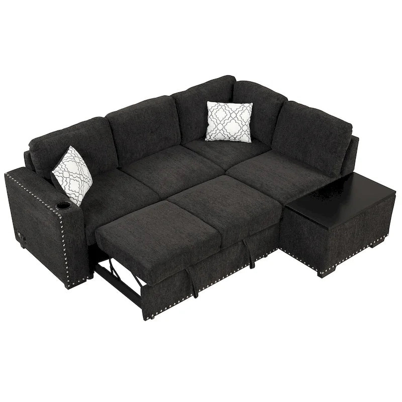 Divano letto estraibile, divano ad angolo a L con borchie, divano lounge con pouf contenitore, porte USB e portabicchieri nero