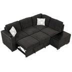 Divano letto estraibile, divano ad angolo a L con borchie, divano lounge con pouf contenitore, porte USB e portabicchieri nero