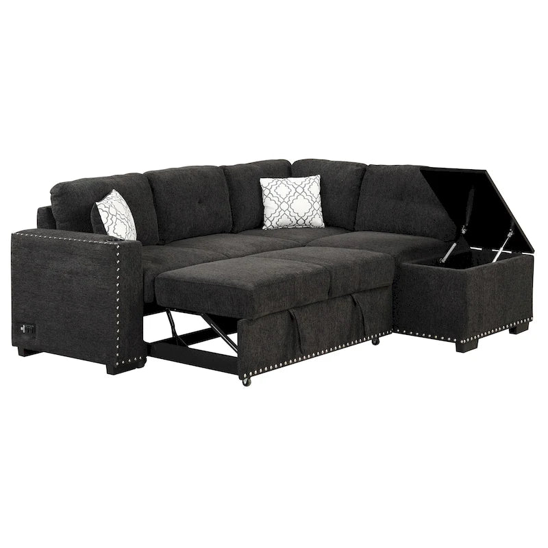 Divano letto estraibile, divano ad angolo a L con borchie, divano lounge con pouf contenitore, porte USB e portabicchieri nero